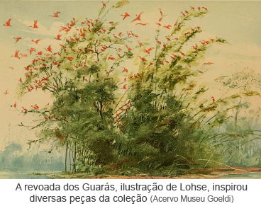 A revoada dos Guarás, ilustração de Lohse, inspirou diversas peças da coleção